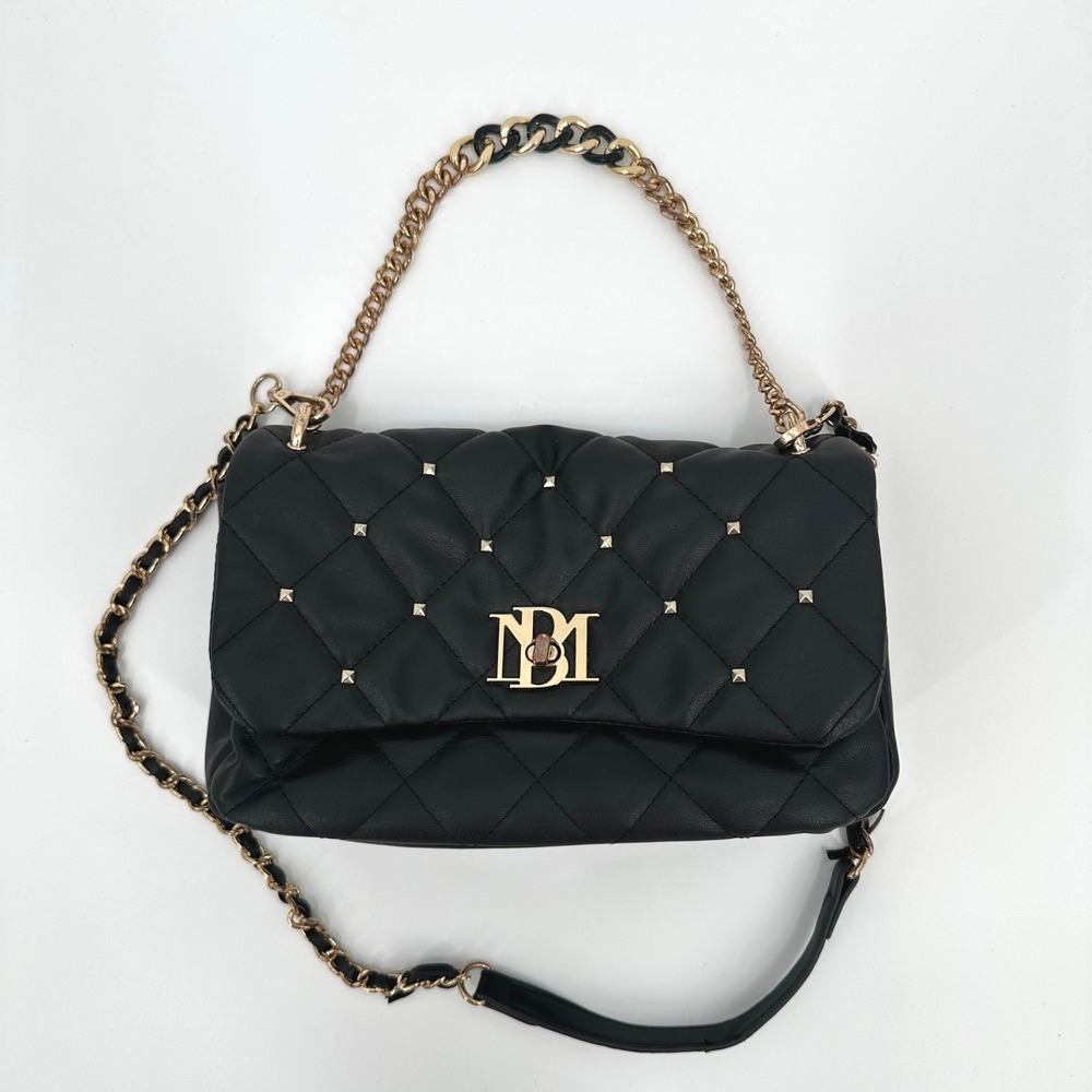 Badgley Mischka Black Quilted Studded‎ Crossbody Bag Gold Chain Strap Shoulder